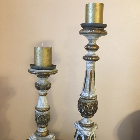 Wood & Bronze Aged/Distressed Candle Holder Set